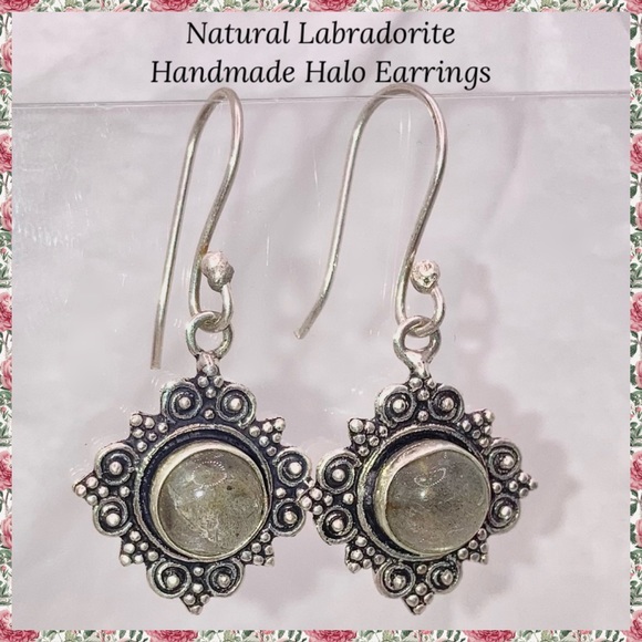 Dainty Labradorite Gemstone Handmade Halo Earrings - Picture 1 of 3